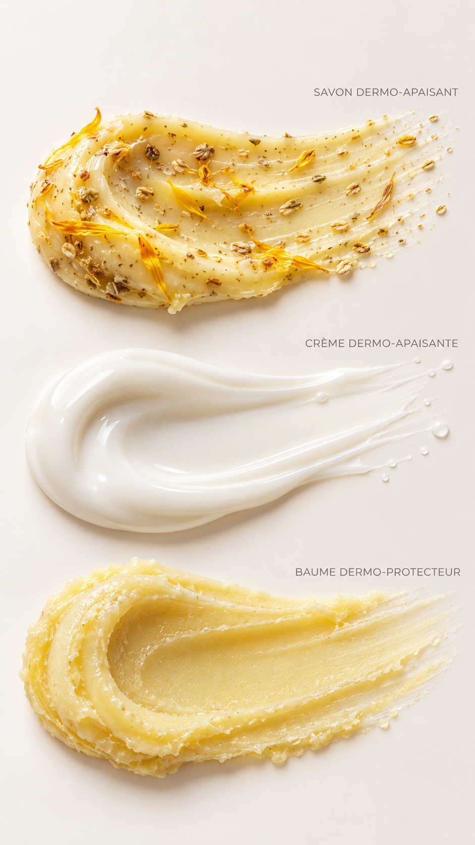 Illustration des textures des trois soins : savon, crème et baume Natur’Éclat Paris